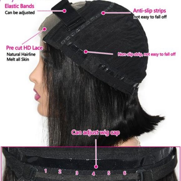 Glueless Bob Hair Wig Human Hair Ready To Wear Straight Transprent 4x4 Lace - Picture 5 of 11